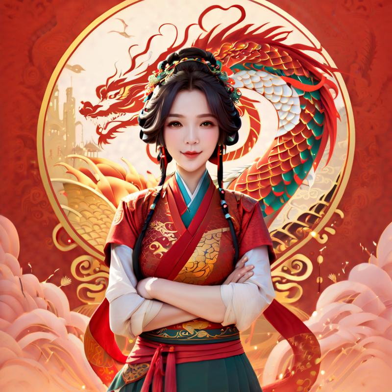 00070-3730311616-gufengstyle,Masterpiece, best quality, 4k, Chinese New Year, red background, festive atmosphere, Chinese girl illustration, drag.png